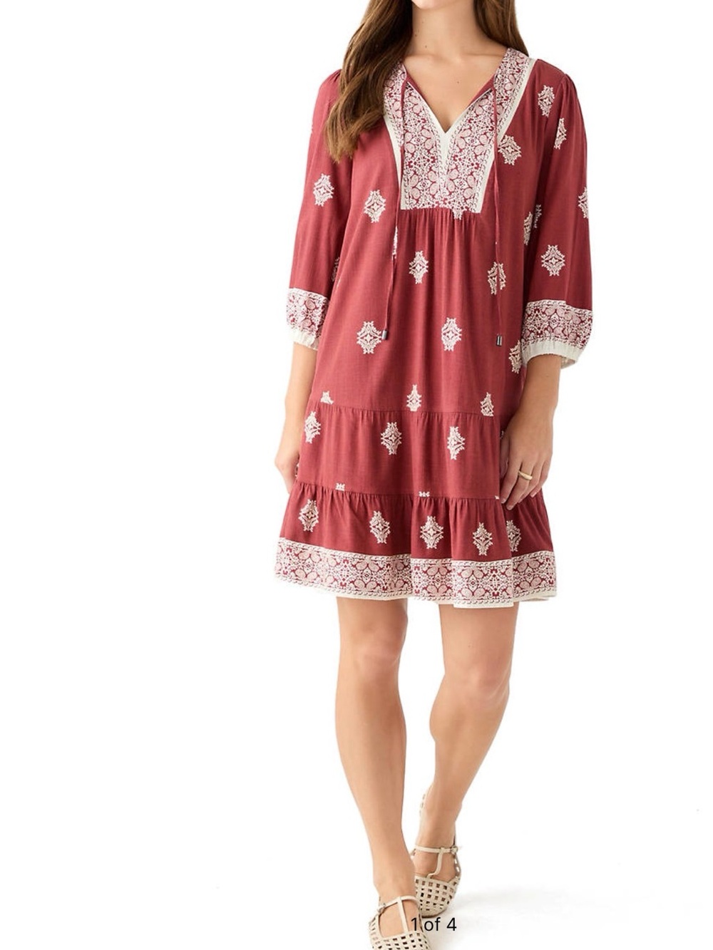 Lucky Brand Rust Red & White Embroidered Boho Shift Dress